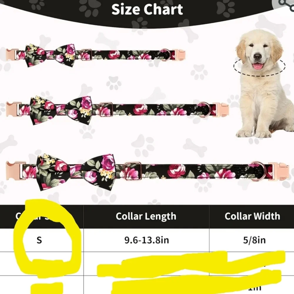 New with tags! Bright black floral rose bow collar & gold dog bone tag SMALL